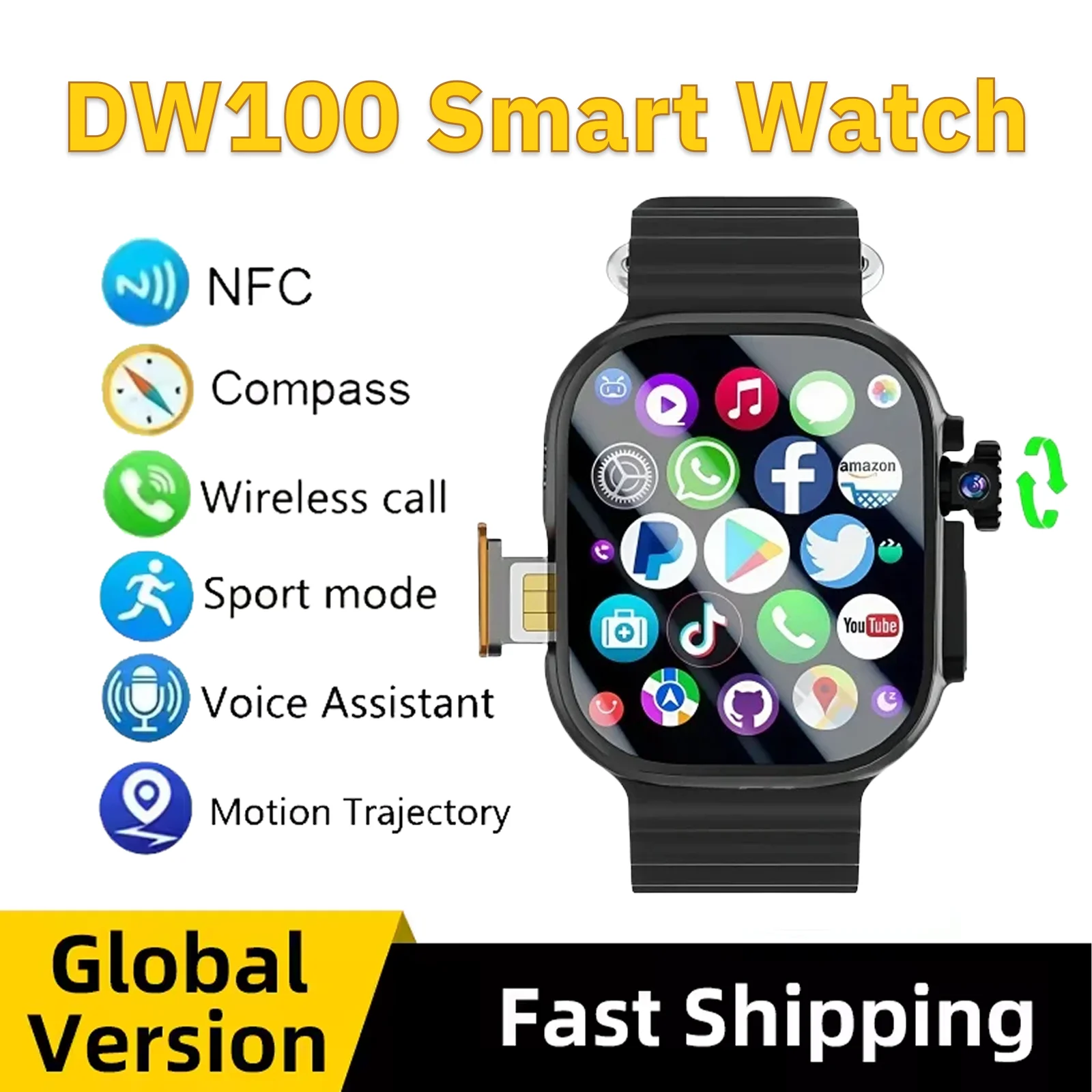 

Смарт-часы DW100 4G LTE, ОС Android, 2,29 дюйма, AMOLED-дисплей, глобальный роуминг, HD-видеочат, Bluetooth 5,0, GPS-навигация