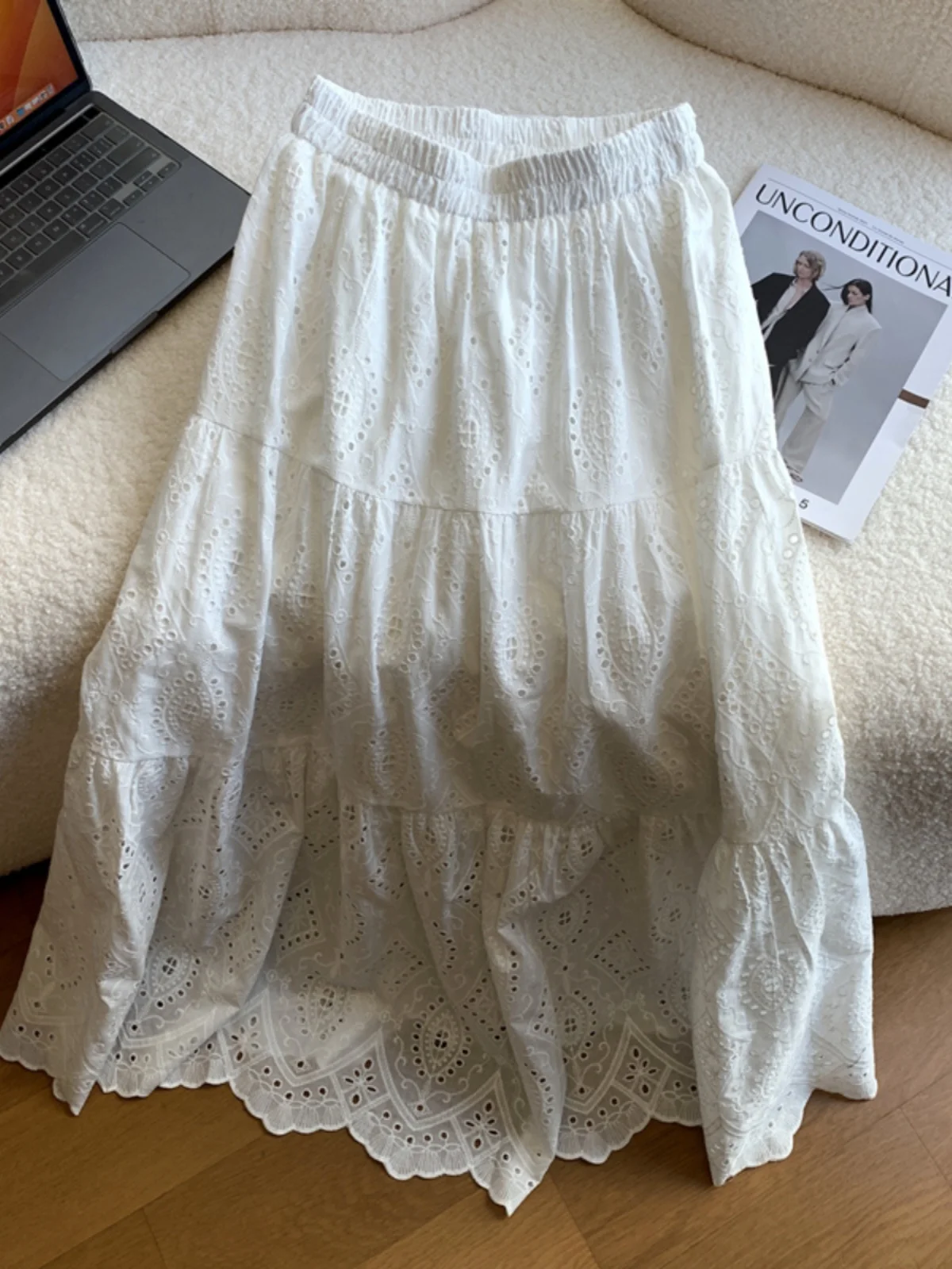 

Casual Lace Trim f Skirt White Women's Long Skirt A-Line Big Swing Spring Summer Autumn Commute High Waist Polyester Fiber