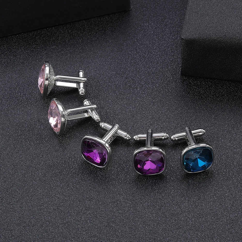 Pink Blue Purple Mens Crystal Business Cufflinks Classic Wedding Charm Jewelry Trendy French Shirts Button Casual Cuff Links