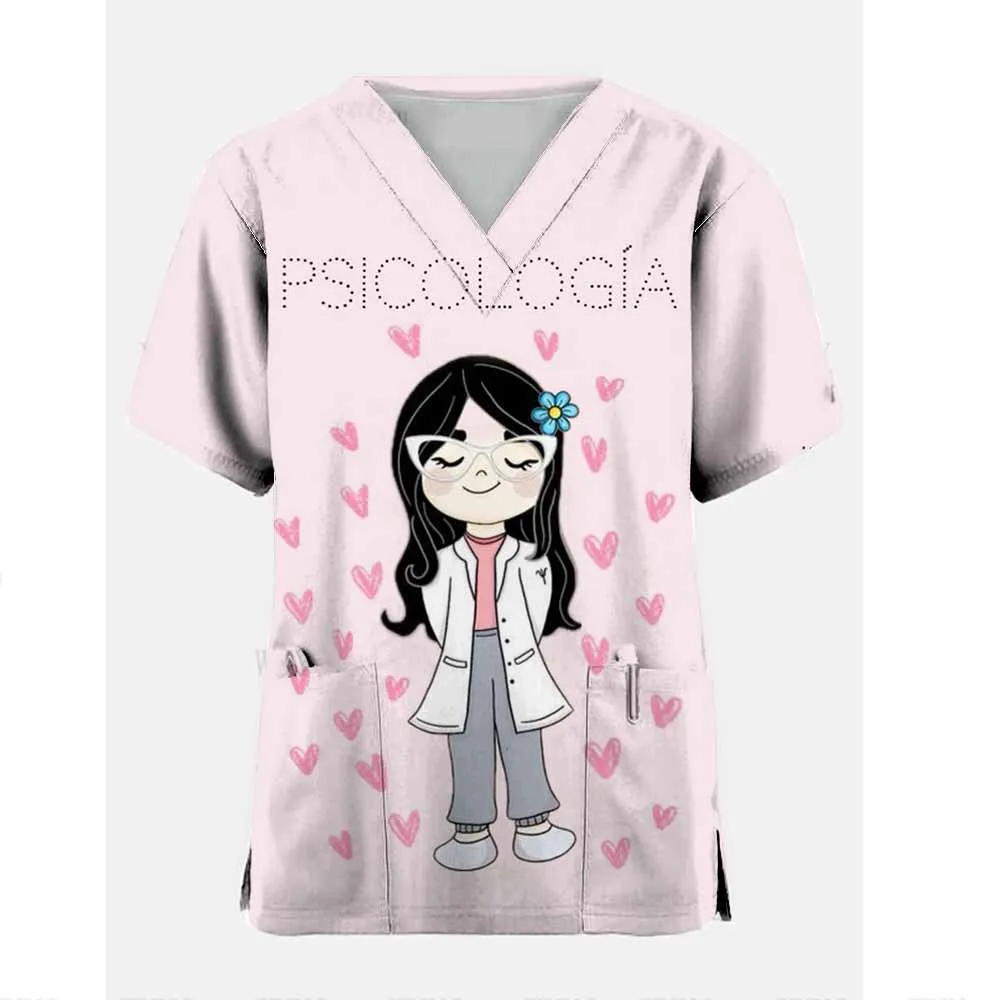 Cute nurse pattern Scrubs Top Women with Pockets V-Neck Scrub Uniforms Pet Grooming Nurse Spa Caring Shirt uniformes de enfermer