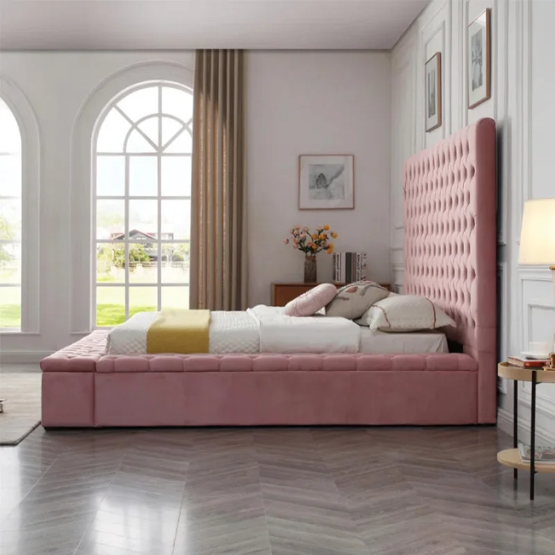# Modern Royal king Size Bed pink Bed Frame Queen Japanese Bed Frame Wood king Frame with Storage for Sale image 4