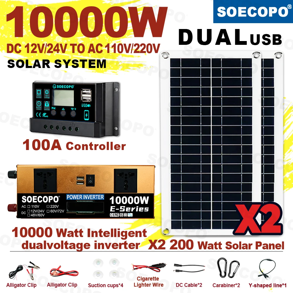 SOECOPO Caravan Solar System Kit 12 V Solarpanel zum Aufladen der Batterie für Solarmodule USB 5 V/1,5 A 100 A Controller Doppelsteckdosen