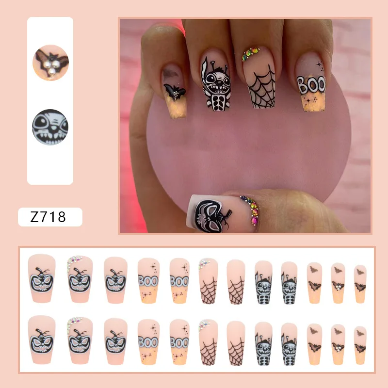 

24Pcs Medium Square Press on Nails - Halloween Spider Flame Design in Black & Yellow | Full Cover Manicure Set