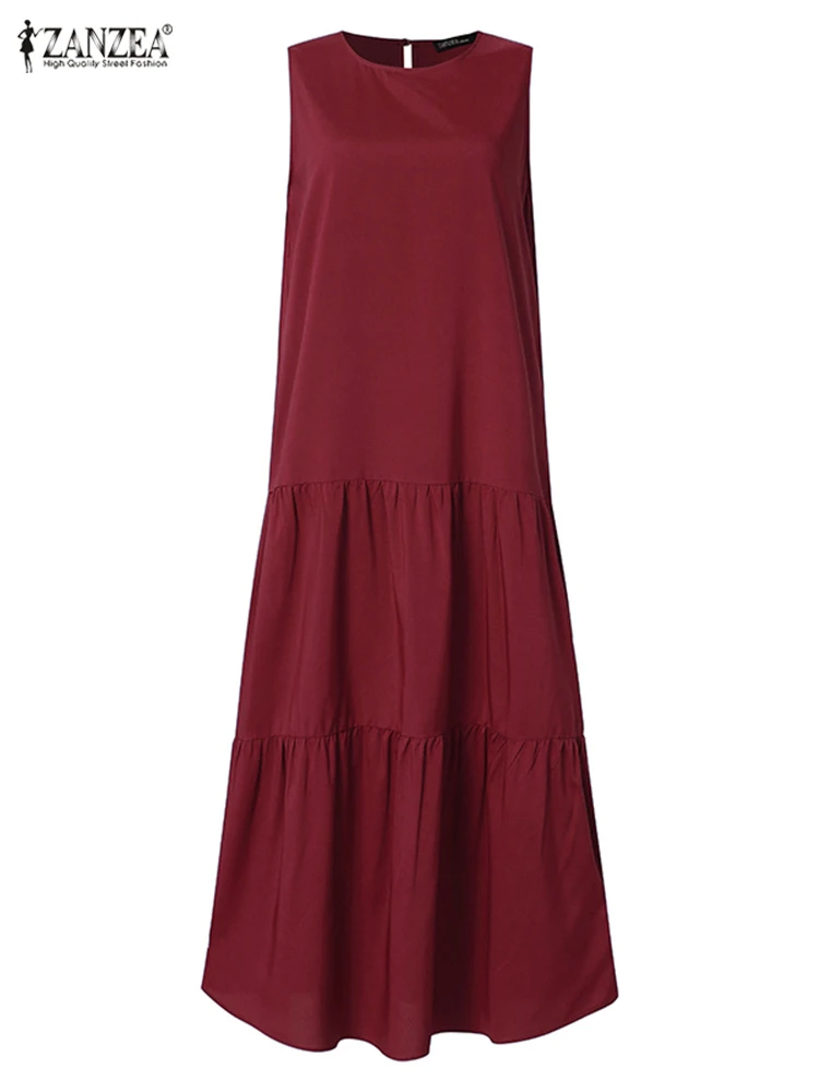2024 ZANZEA letnia modna długa suknia damska bez rękawów bez rękawów Maxi Vestido elegancka letnia sukienka z falbankami solidna szata na imprezę