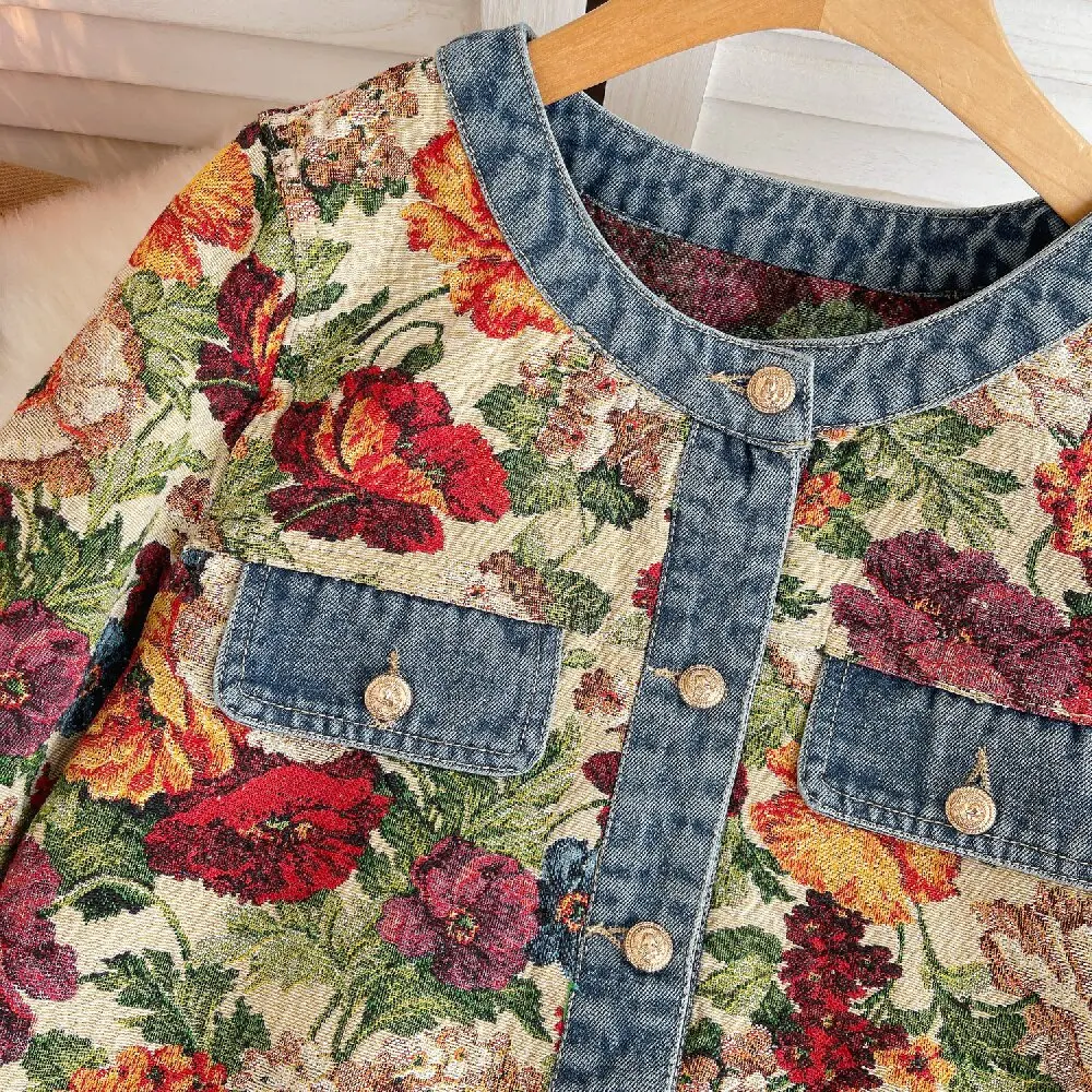 Print Denim Jacket Coat For Women High Street Flower Printted Fragrant Wind Round Collar Metal Buckle Jacquard Jean Outfits