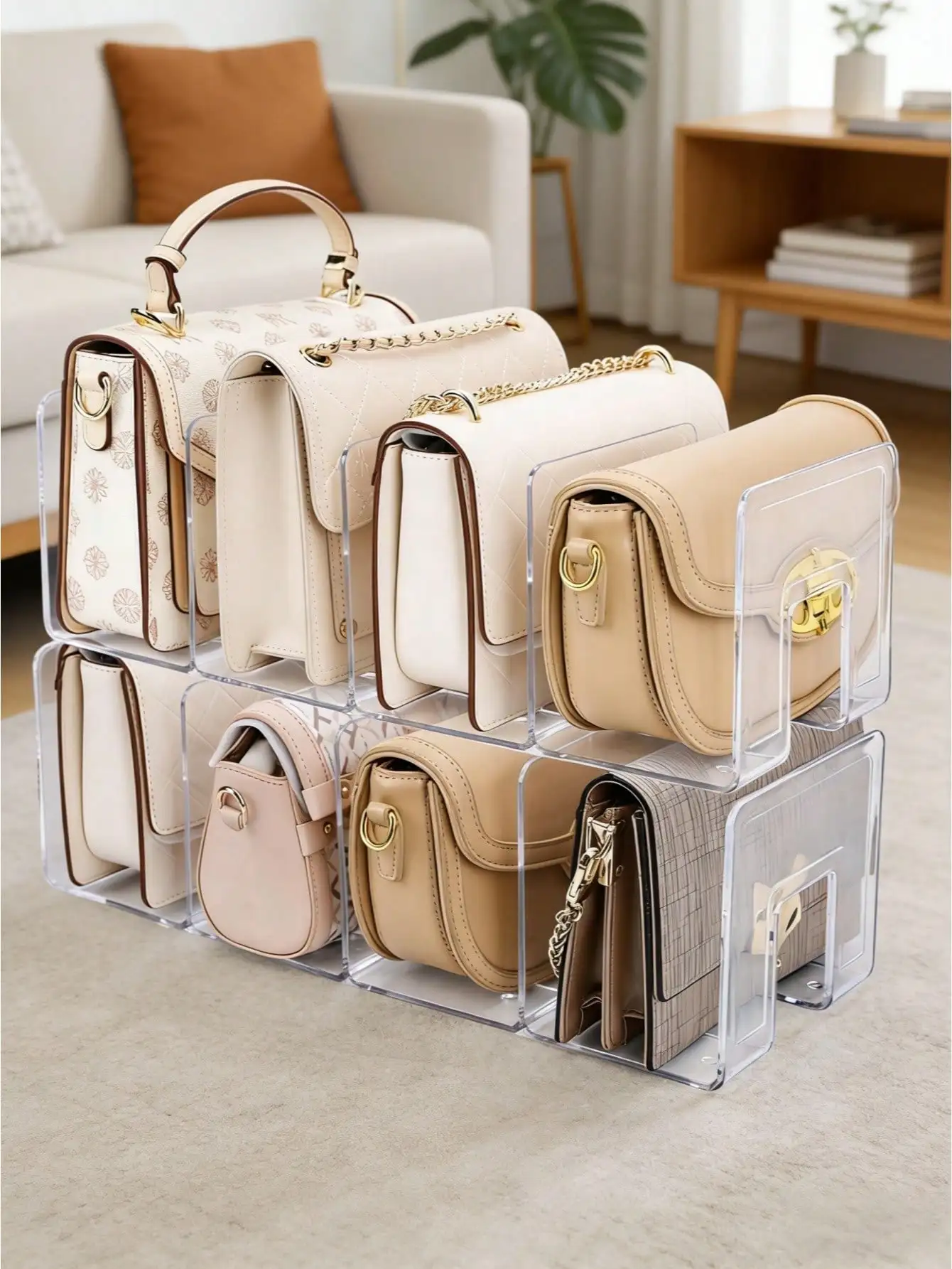 1/2/4 PCS No Assembly Required Multi Purpose Space Saving Shelf Divider Clear Purse Organizer Wallet Storage Bag Handbag Holder For Closet Wardrobe Shelves Clothes Sweaters Totes Storage Organizer Rack
