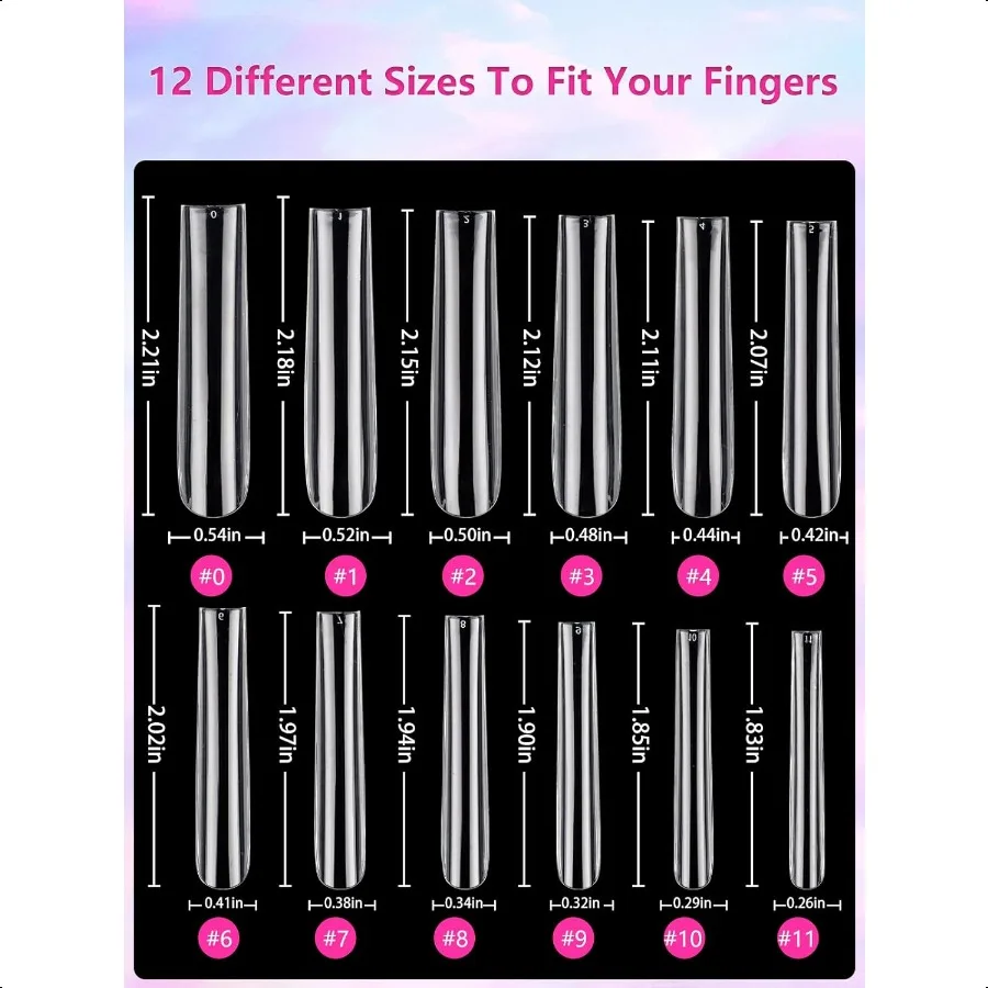 504PCS Clear Square Nail Tips for Acrylic Nails Profional XXL XXXL Extra Long Tapered Square Straight Acrylic Nail Tips Full Co