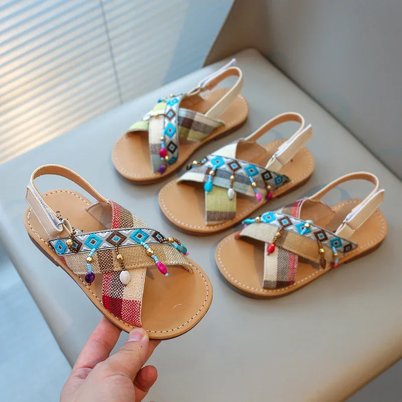 Girls Sandals Kids Summer Beach Shoes Gladiator with Pendants Retro Vintage Children Ethnic Sandals Flat Patchwork Bohemian