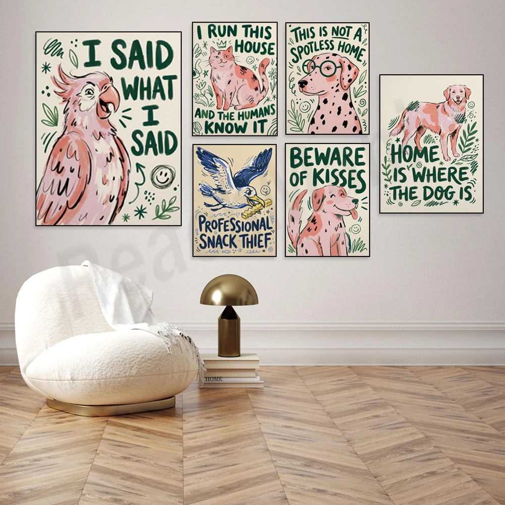 Funny Golden Retrievers, Dalmatian Dog Art, Cat Illustrations, Parrot and Bird Art, Humorous Home Decor Posters