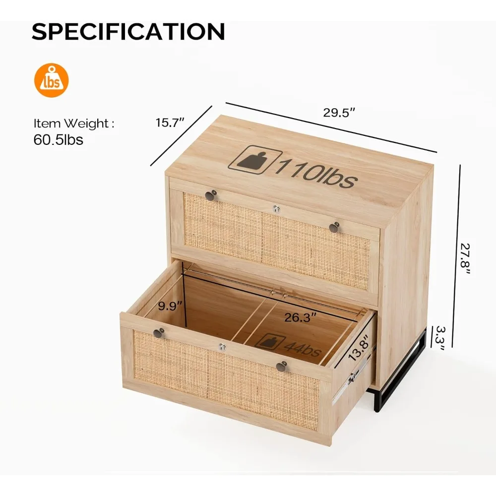 Wood Rattan 2-Drawer Lateral File Cabinet with Lock for Home Office, Lockable Filing Cabinet with Rustic Metal Handles for Hang