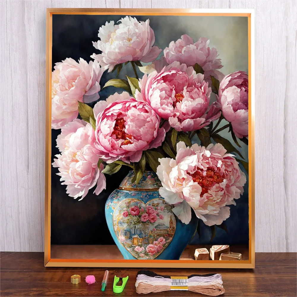 

Adults Craft Cross-Stitch Kit Color Thread Embroidery Needlework Supplies Peony Flower Printed Embroidery Needle For Beginner