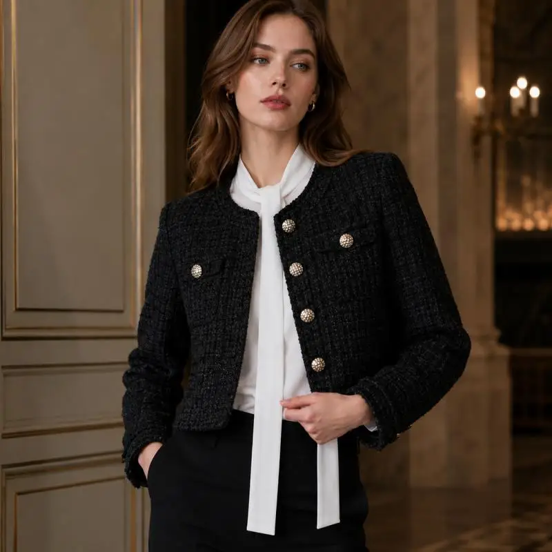 Elegant Black Bouclé Blazer - Refined Metal Button Detail, Timeless Chic for Office & Evening Wear