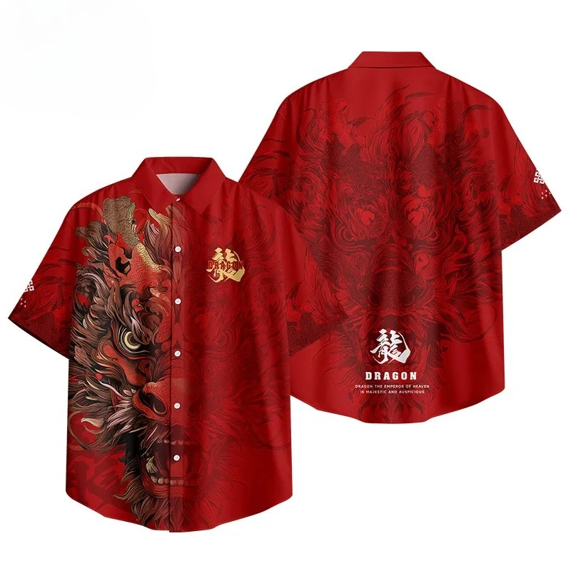 

2025 Men Beach Short Sleeve Harajuku Aloha Shirt Camisas Red Oversized Chinese Dragon Print Streetwear Hawaiian Shirt
