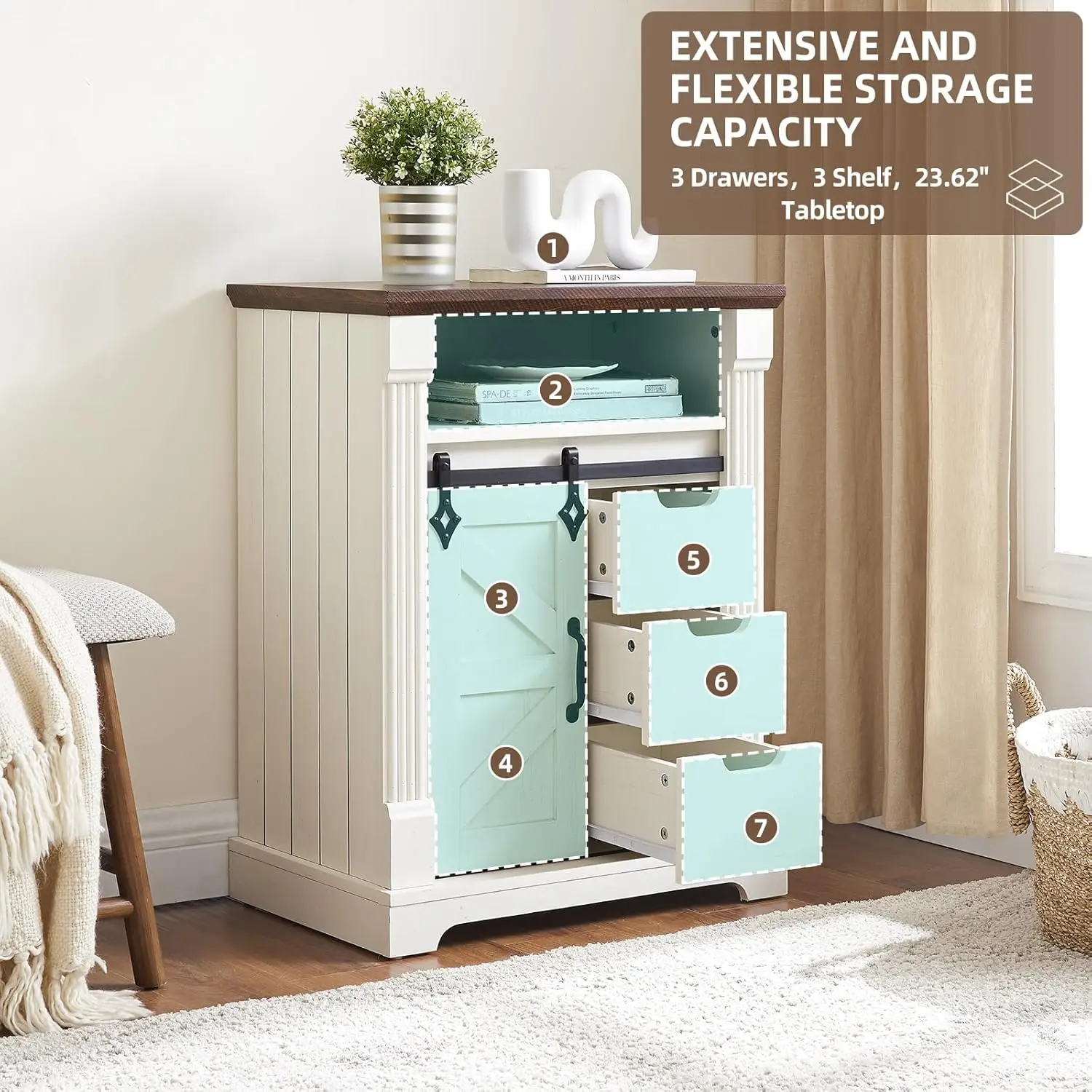 خزانة حمام المزرعة مع باب الحظيرة المنزلق، وخزانة تخزين ريفية مع درج - أبيض عتيق