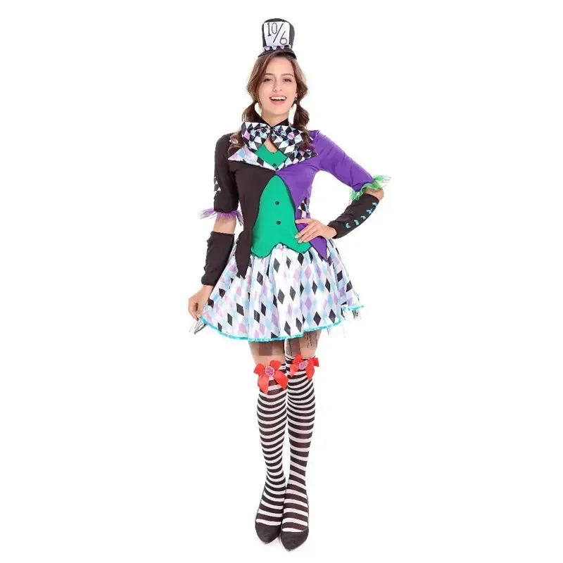 Anime Alice In Wonderland Clown Mad Hatter Maid Costume Halloween Carnival Party Magician Lolita Cosplay Dress lf[5