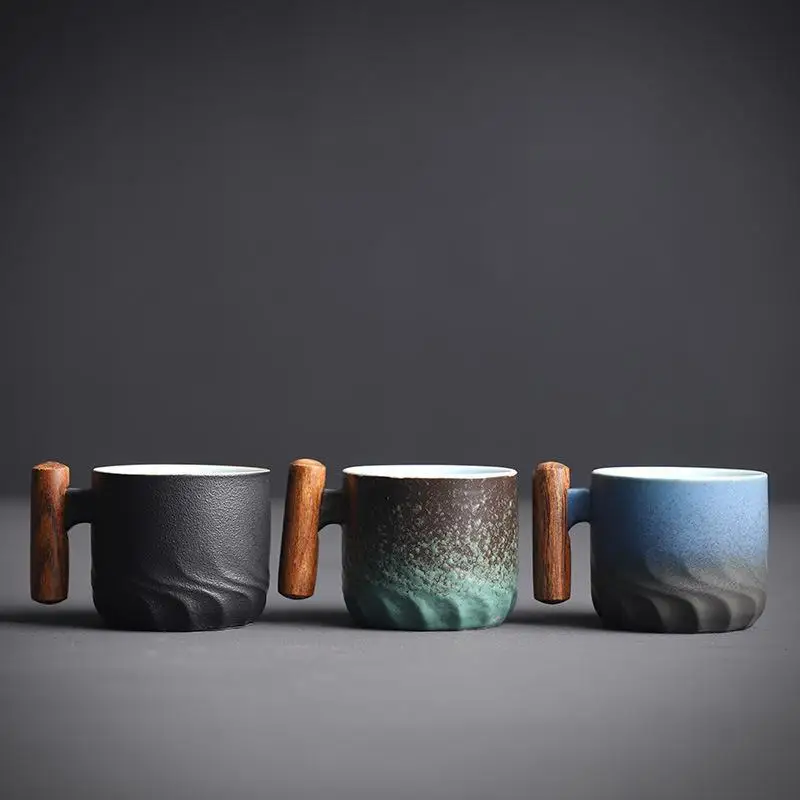 6pcs Set Ceramic Retro Espresso Coffee Cup With Wooden Handle Office Water Cup Tea Mug Ceramic Coffee Mug Handmade Tea Gift Box