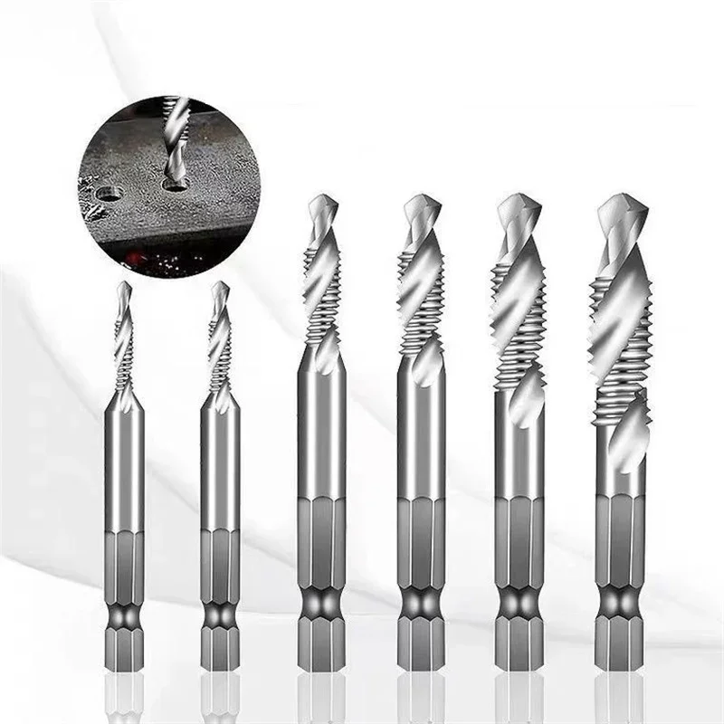 

6pcs M3-M10 Screw Tap Drill Bits Tap Combination Bit Chamfer Tool Set Hss Taps Countersink Deburr Set 1/4 IN Quick Change Hex