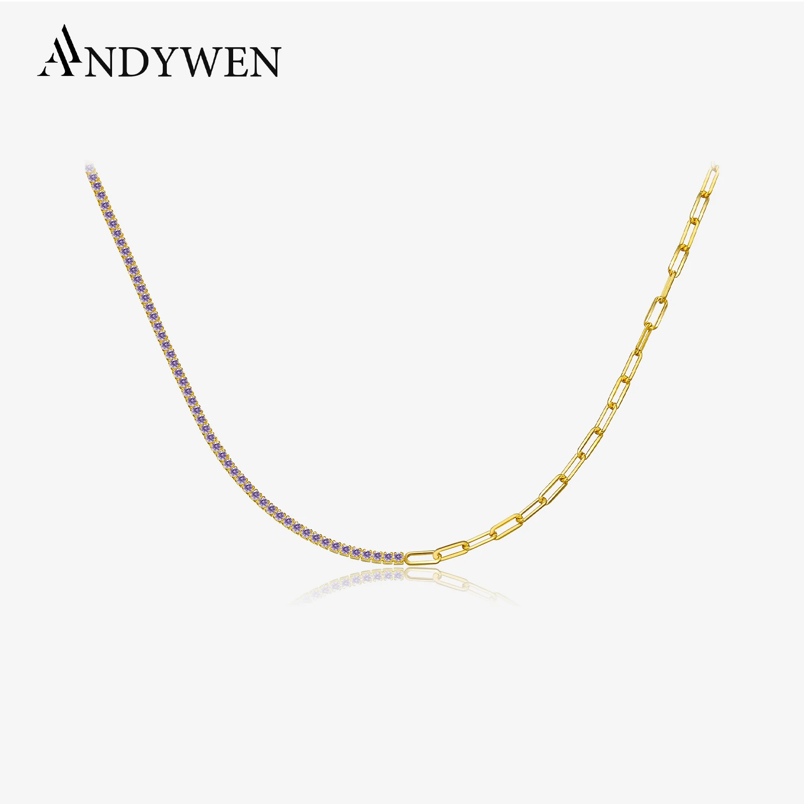 ANDYWEN 925 Sterling Silver Geometric Chain Splice Zircon CZ Charm Chains Choker Necklace 2021 Horoscope Jewelry