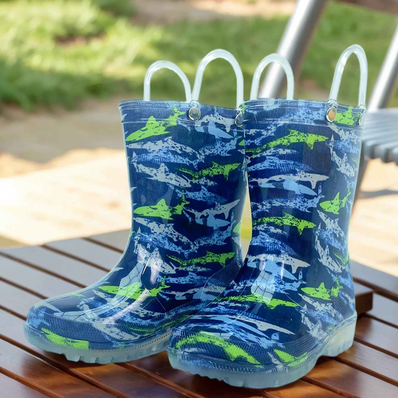 

Kids Rain Boots, Blue Shark Pattern with Wrist Strap, Waterproof Anti-Slip Toddler Rain Shoes for Boys and Girls