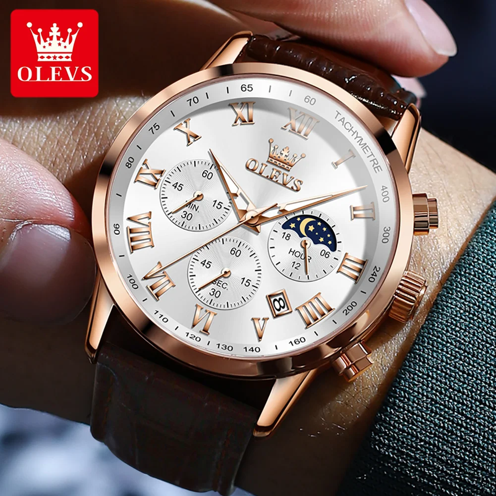 OLEVS Luxury Quartz Watch for Men Business Waterproof Sport Male Watches Leather Strap Moon Phase Wristwatch Relogios Masculino