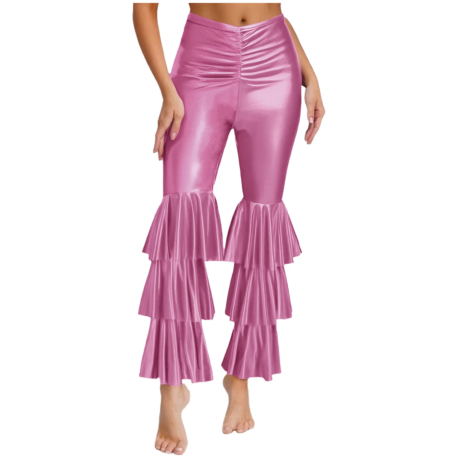 

Women Metallic Jazz Tango Tap Dance Flared Pants High Waist Trousers 70s 80s Disco Long Pants for Dance Club Halloween Party