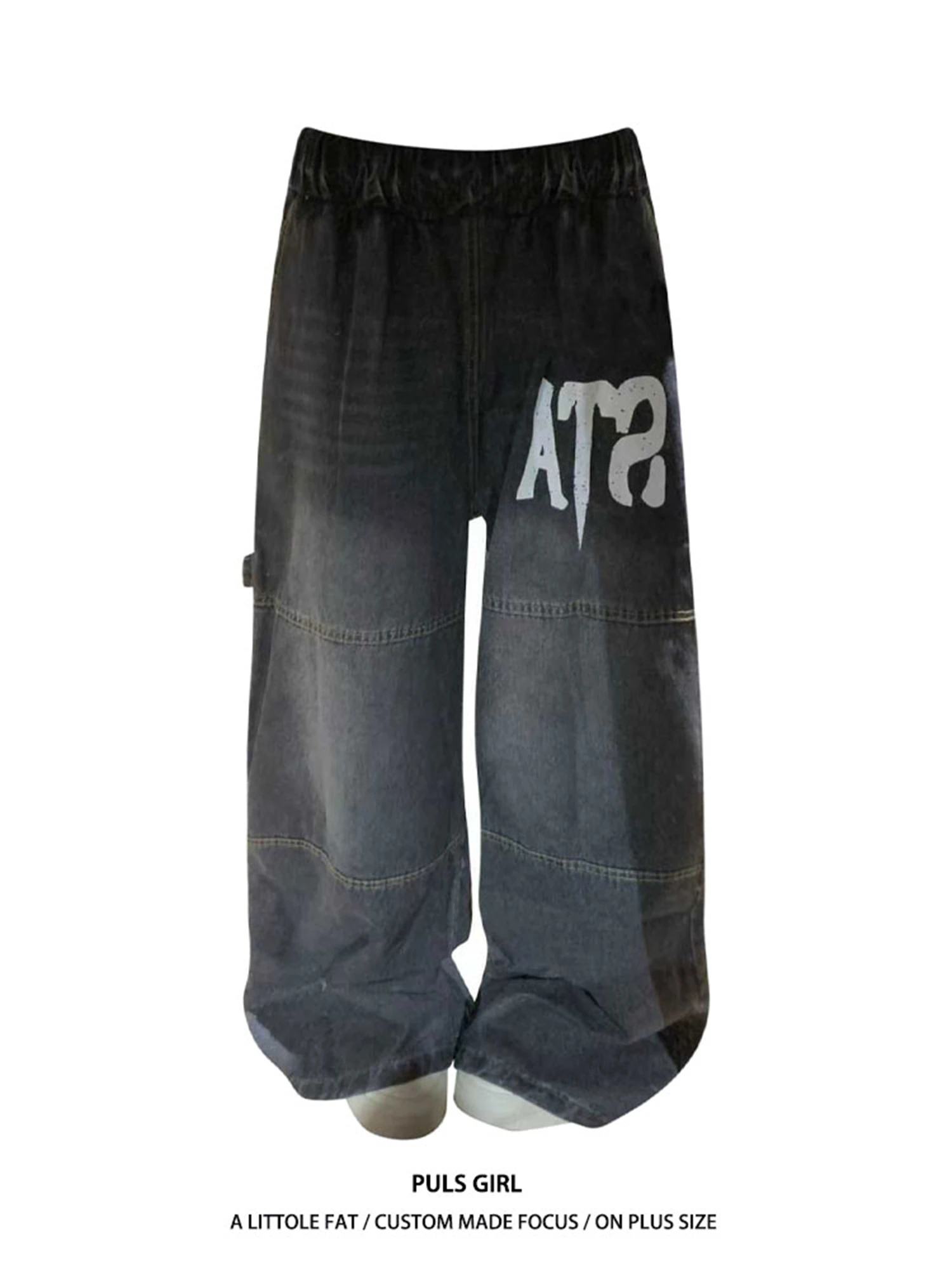 

Y2K Women's High Waist Wide Leg Dark Gray Washed Jeans Letter Print Star Stripe Pocket Cargo Streetwear Denim Trousers