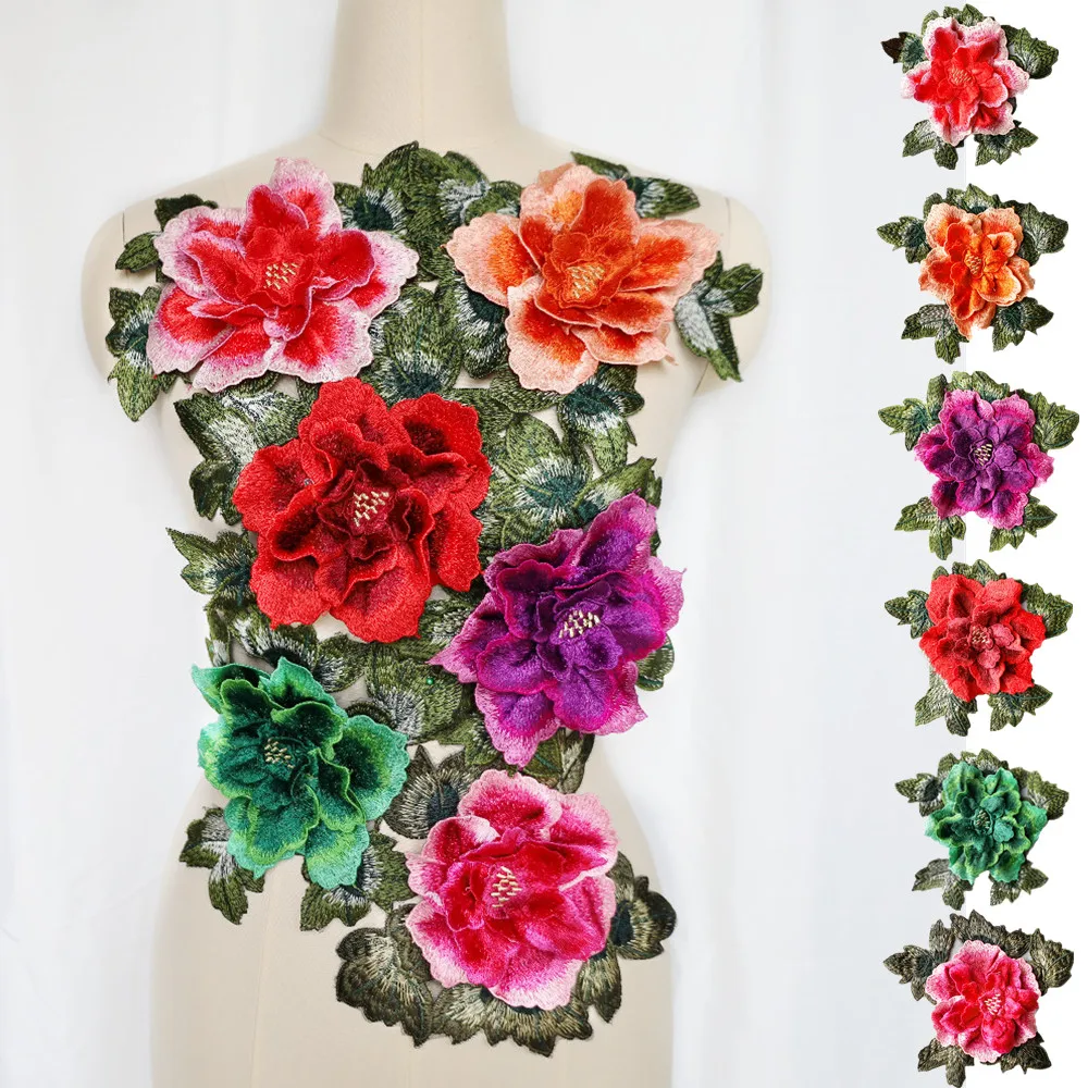 Ricamo 3D foglie di fiori di peonia cucire Patch Badge passamaneria colletto Applique per abito da sposa abiti abiti decorazione fai da te