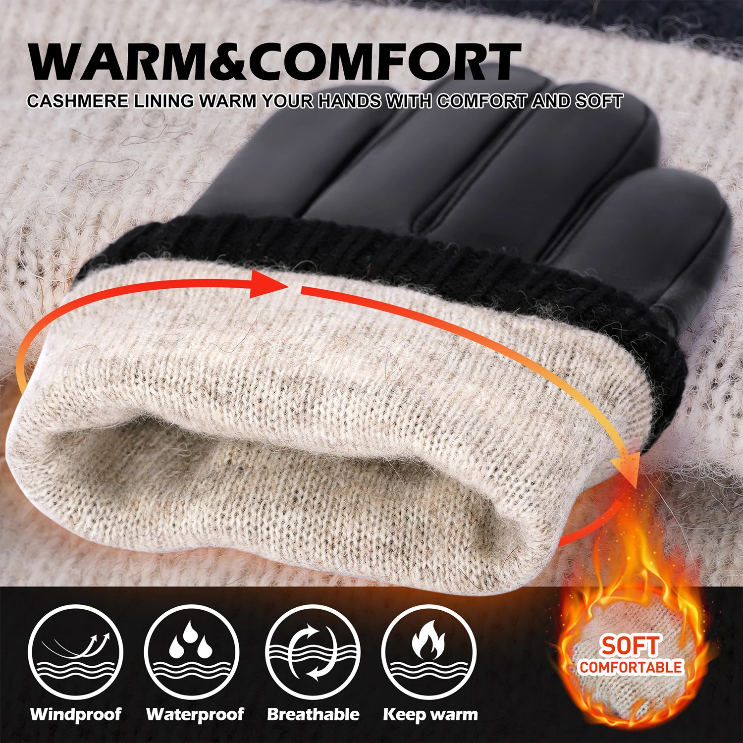 Sheepskin Genuine Leather Gloves Men Women Winter Warm Cashmere Lined Touchscreen Sport Gloves for Running Cycling Ski Driving