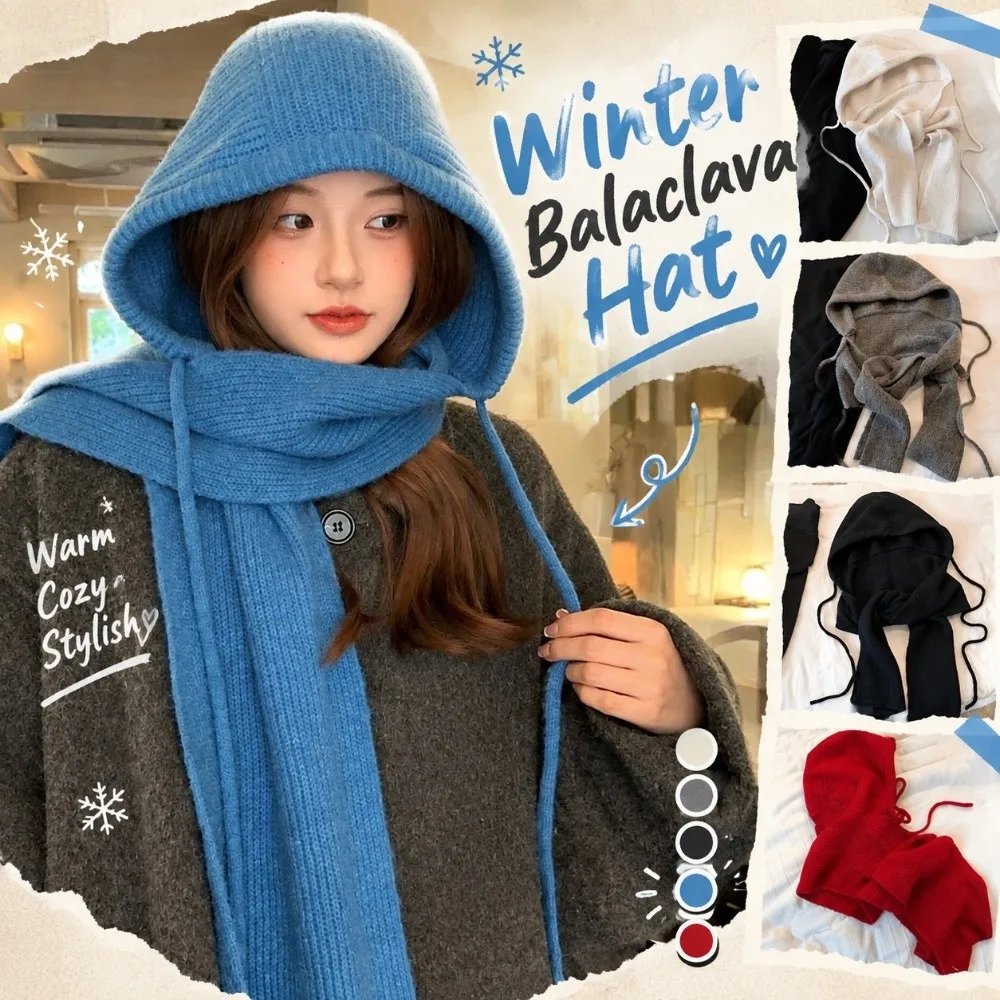 Korean Style Winter Balaclava Hat Thick Knit Solid Color Hood Scarf Combo Big Headwear Combined Hood Integrated Neck Warmer