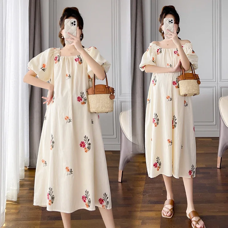 Floral Embroidery Maternity Long Dress 2024 Summer Korean Fashion Loose Straight Clothes for Pregnant Women Sweet Pregnancy