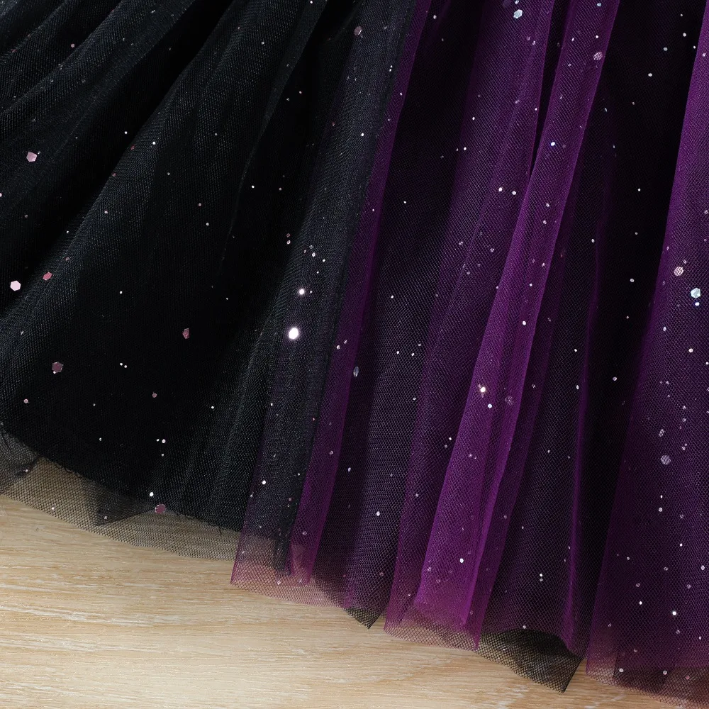 Girls Witch Halloween Costume 2Pcs Set, Sleeveless Sparkly Tulle Dress with Purple Hooded Cloak, Halloween Costume for Kids - view 6