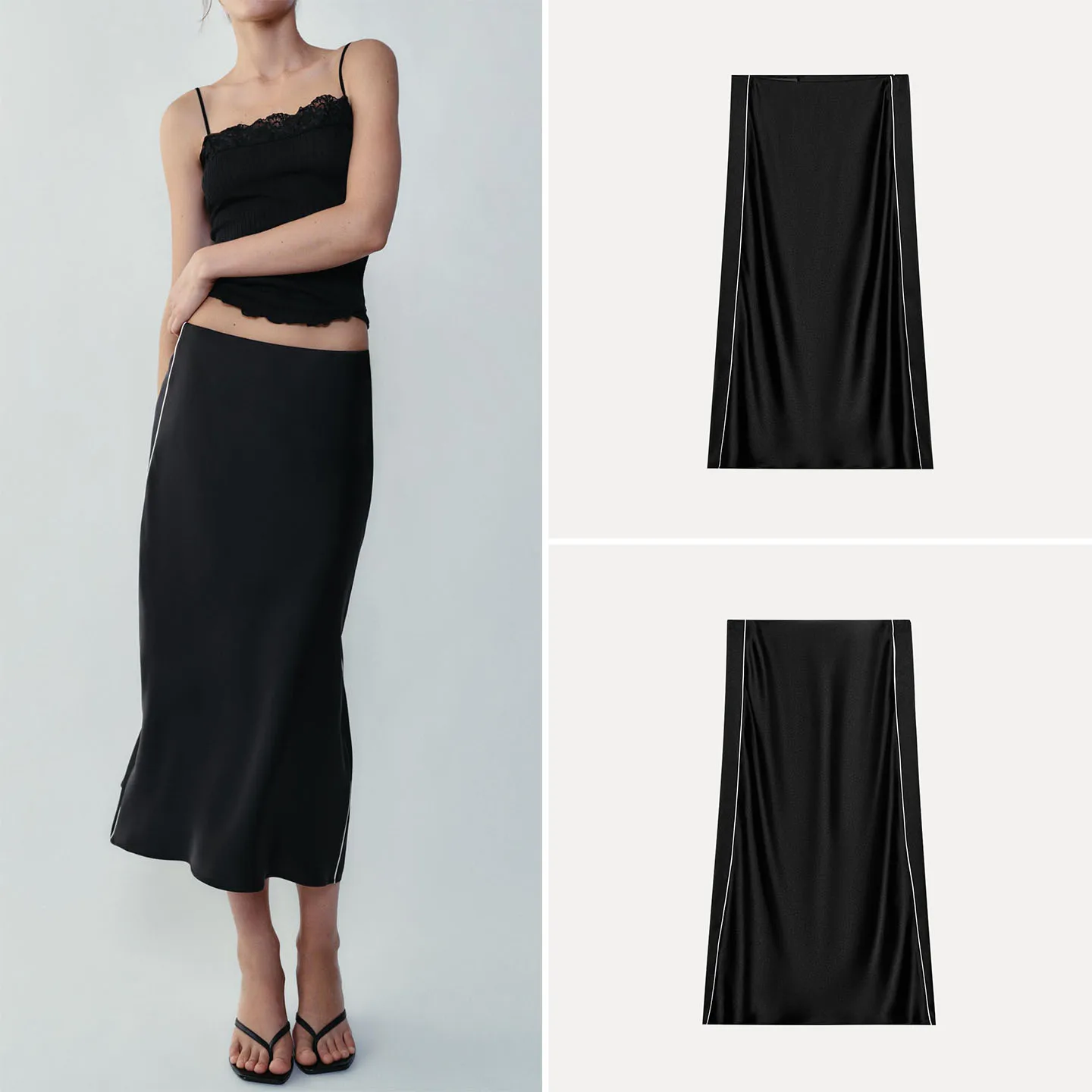 Fashionable Midi Skirt Women's Autumn Wear Color Block Trim Texture Contrast Elegant A-Line Skirt Standard Fit Zadata Brand