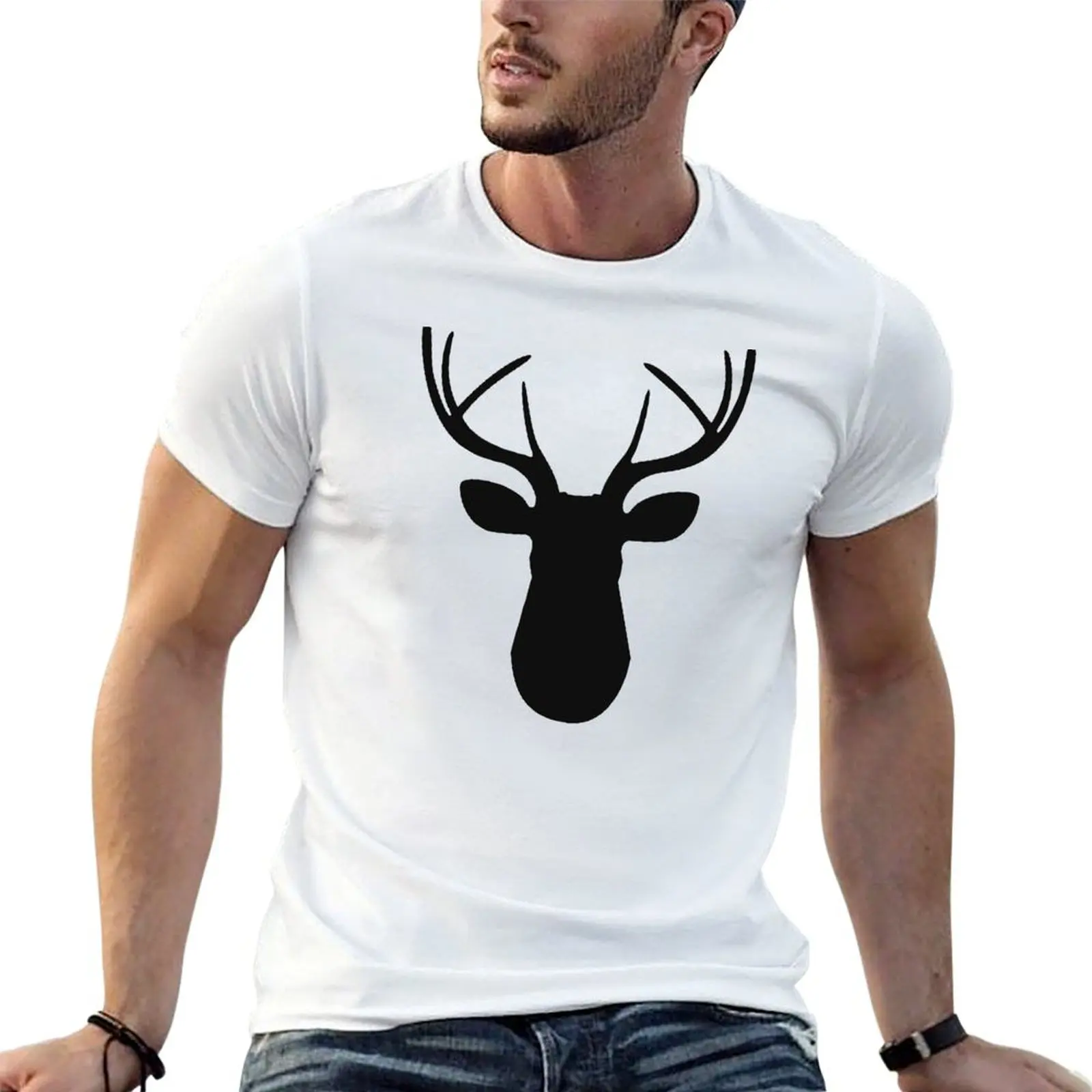 Buck Stag Deer Head Antlers Silhouette T-Shirt Basic Short Sleeve T-Shirt for Men