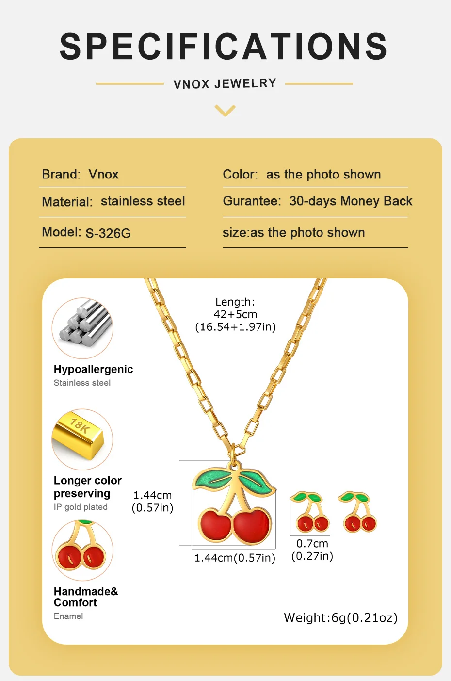 Vnox Trendiges Vergoldetes Kirsch-Anhänger Halskette und Ohrringe Schmuckset für Frauen Edelstahl Niedliche Frucht-Sets Schmuckgeschenke – Detail 4