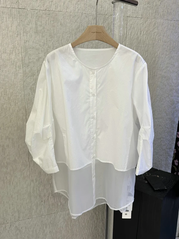 

Intellectual Style Pleated Lantern Sleeve round Neck Shirt Women's Mid-Length Thin Mesh Splice Commute Friendly Casual Top