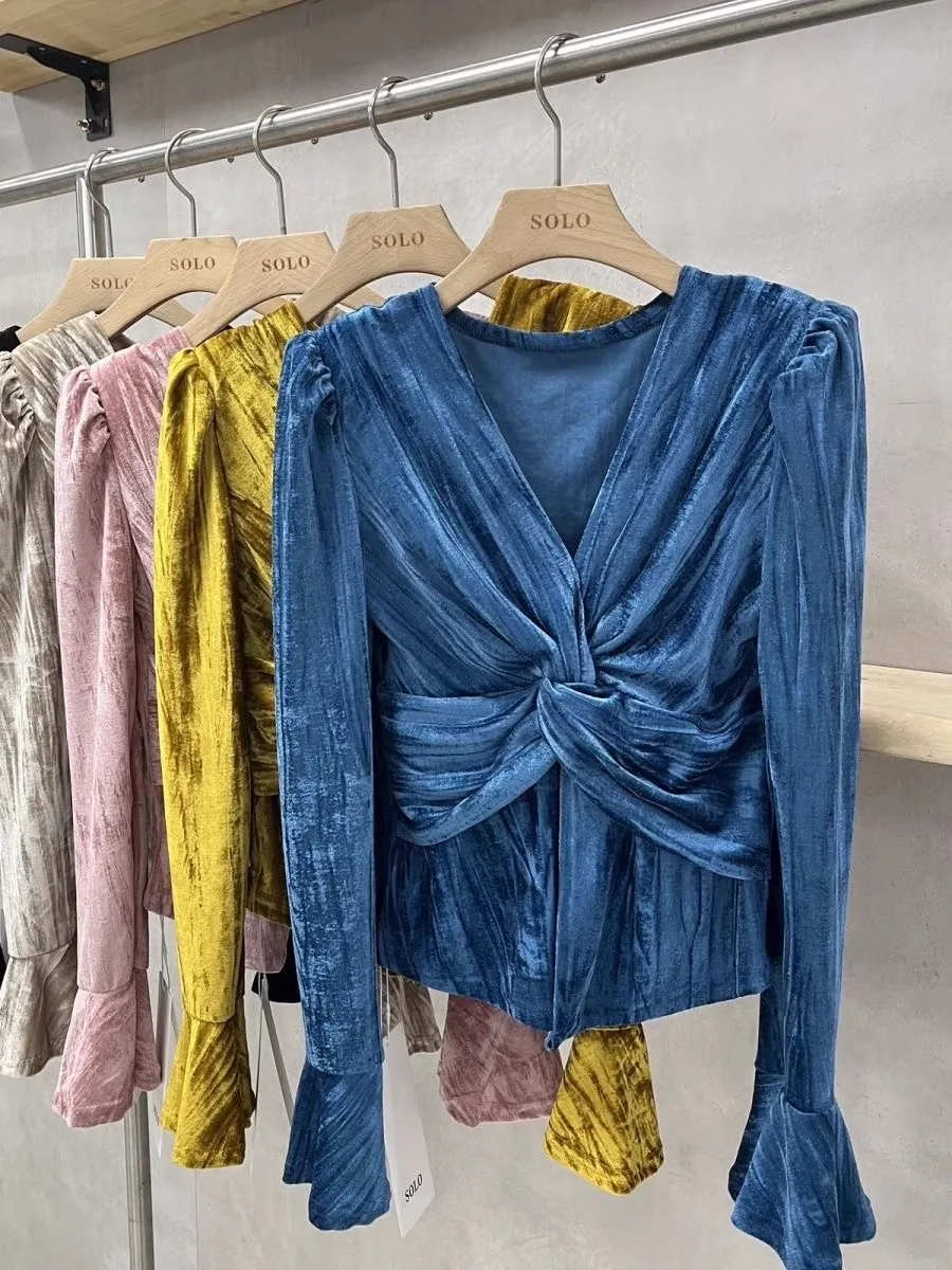 

Retro Design Velvet Top Women's Slim Fit Shirt V-Neck Korean Style Commute Fashion plus Size Long Sleeve Color