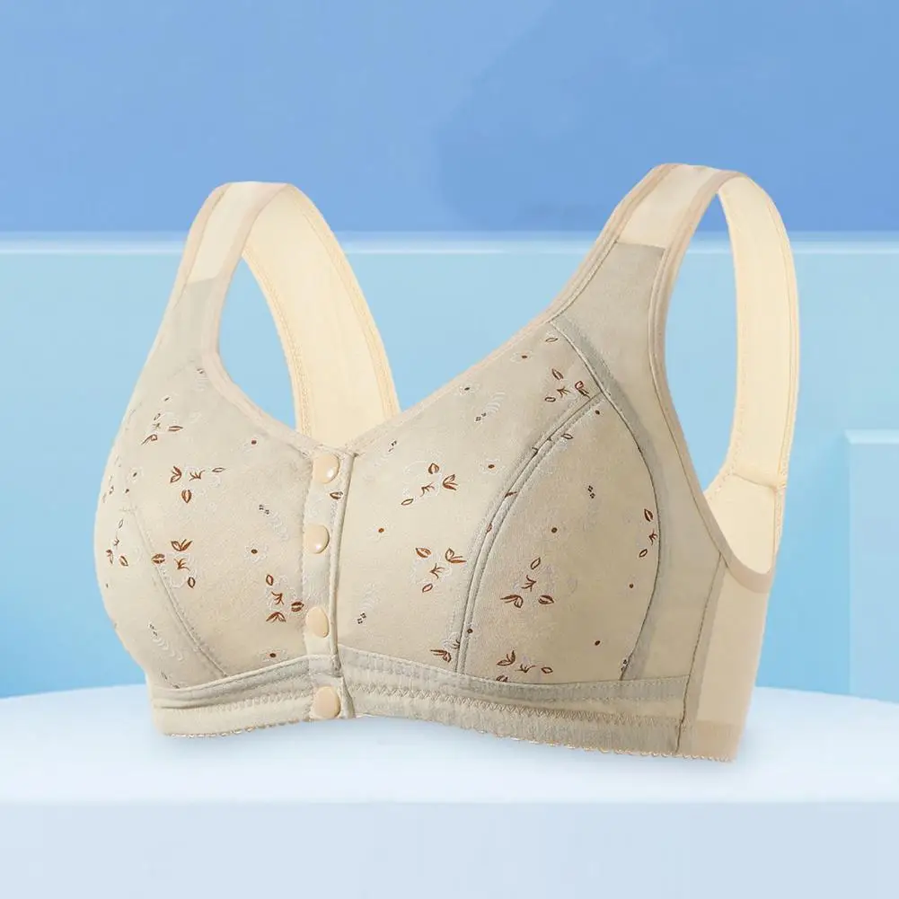 

Nude Skin-friendly Bra Flower Print Front Button Closure Wireless Bra with Wide Shoulder Strap for Mid-aged Soft Breathable