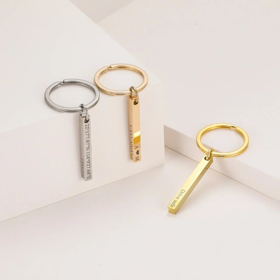 Personalized Engraved Bar Keychain Stainless Steel Four Side Coordinates Keyring Custom 3D Bar Key Chains Women Men Gift view 2
