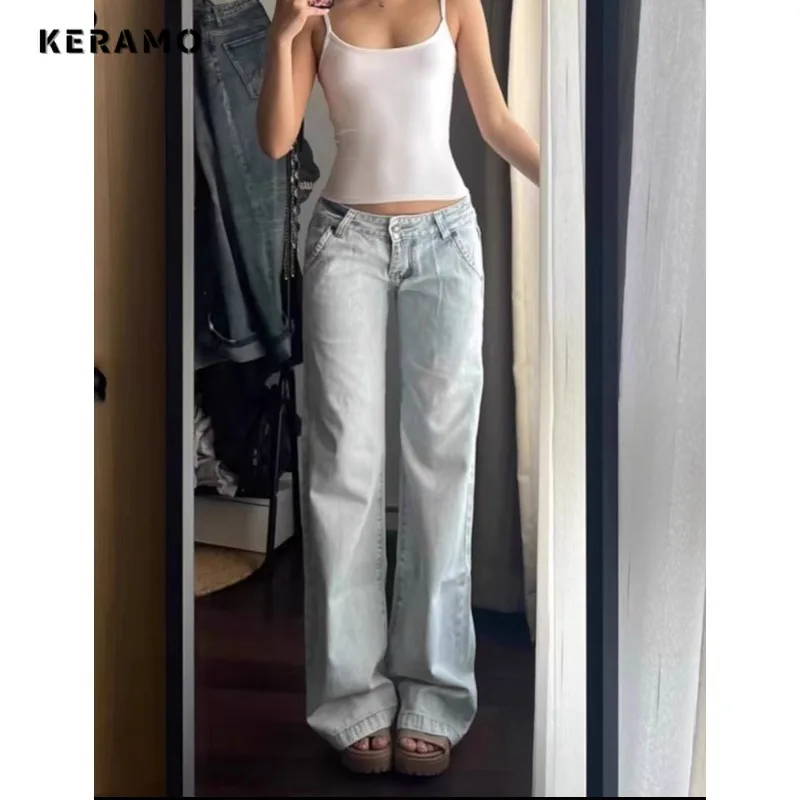 Light Blue Low Waist Jeans Woman Streetwear American Vintage Denim Pants Female Casual Washed Straight Pantalons Mujer Fall 2024