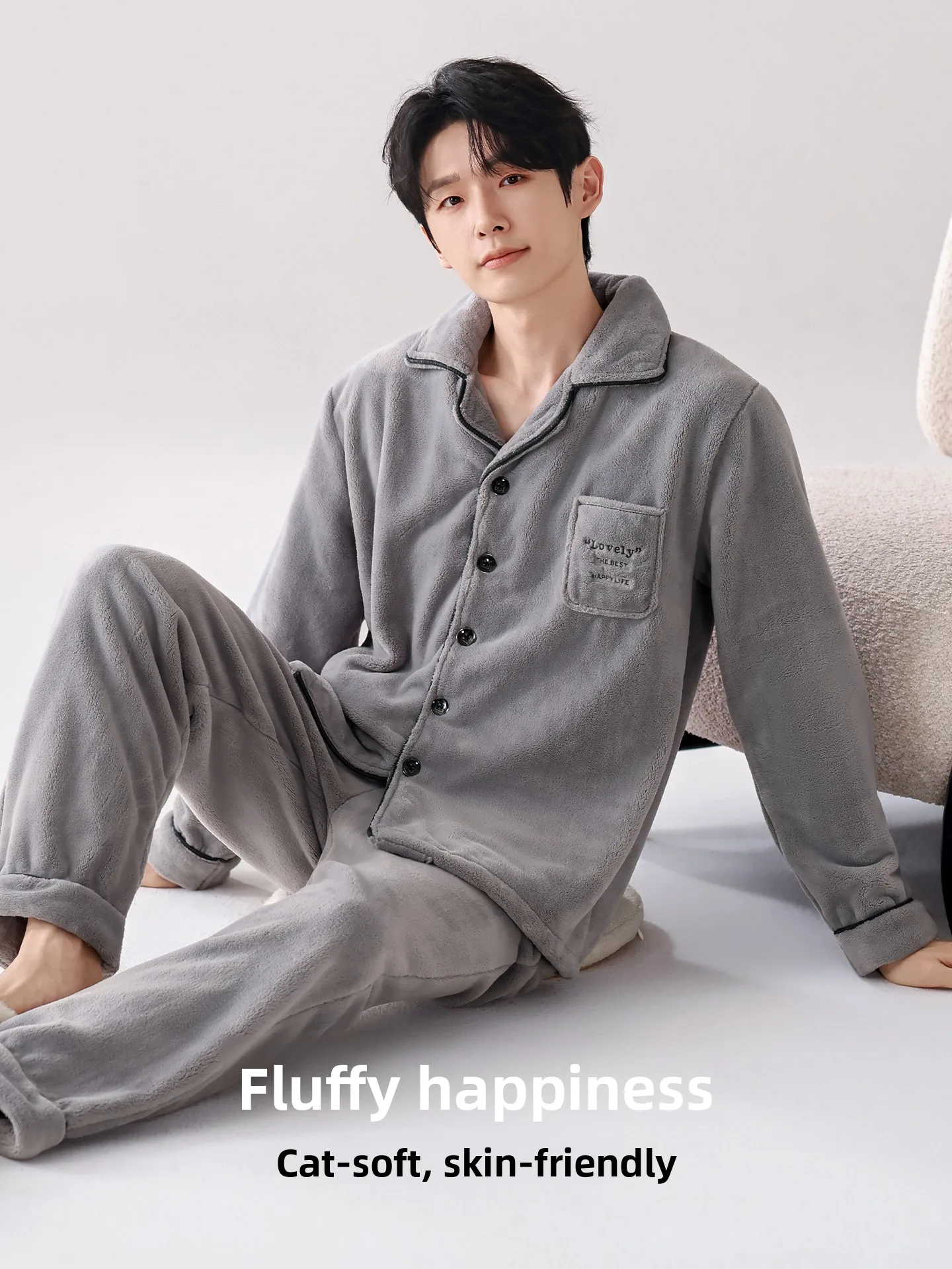 Men's Coral Fleece Pajamas Thickened Flannel Warmth Home Clothes Winter Long Sleeve Pocket Design Straight Leg Pants Sleepwear