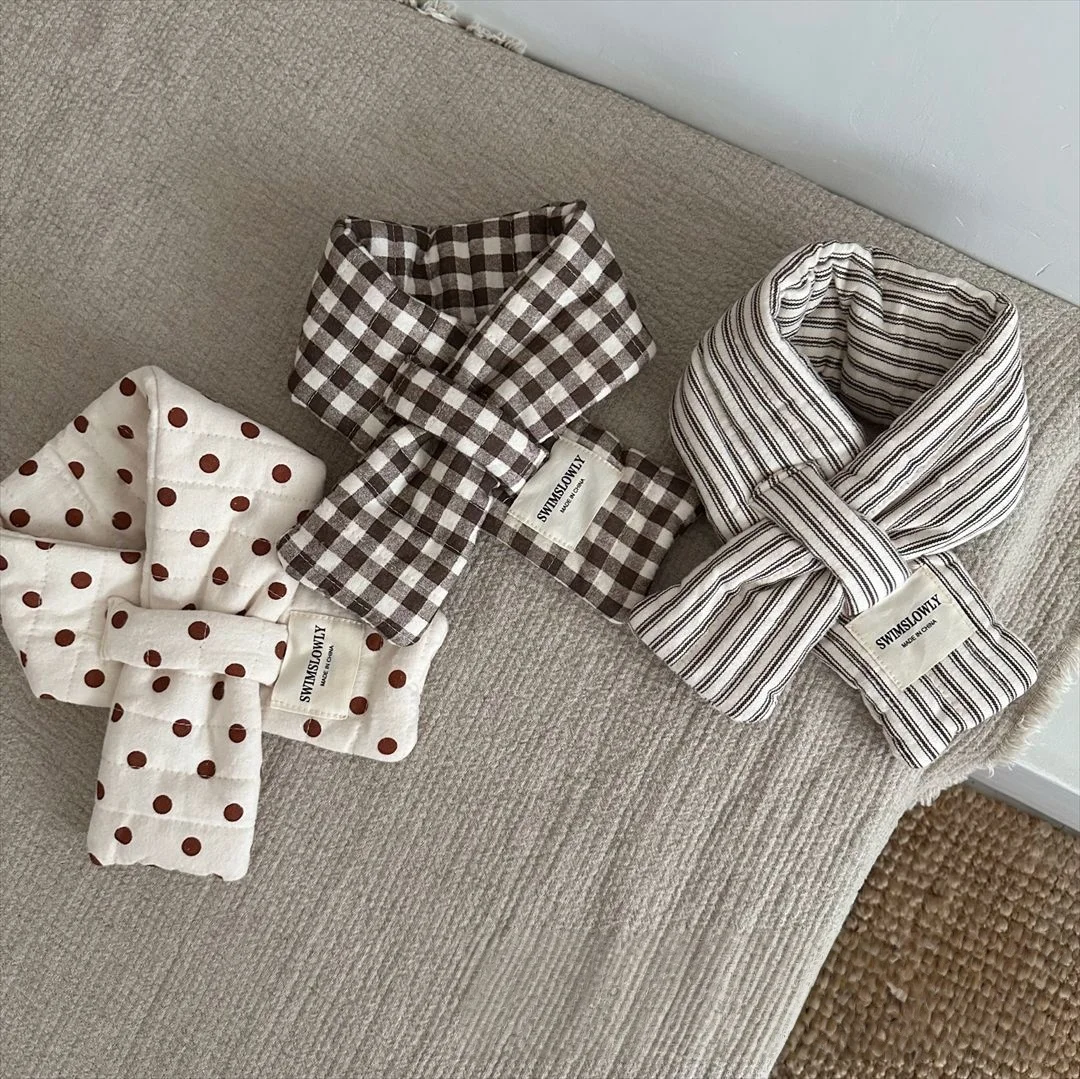 

Korean Style Baby Girls Scarf Plaid Polka Dot Heart Print Quilted Cotton Cross Wrap Neck Warmer Fashion Winter Scarf