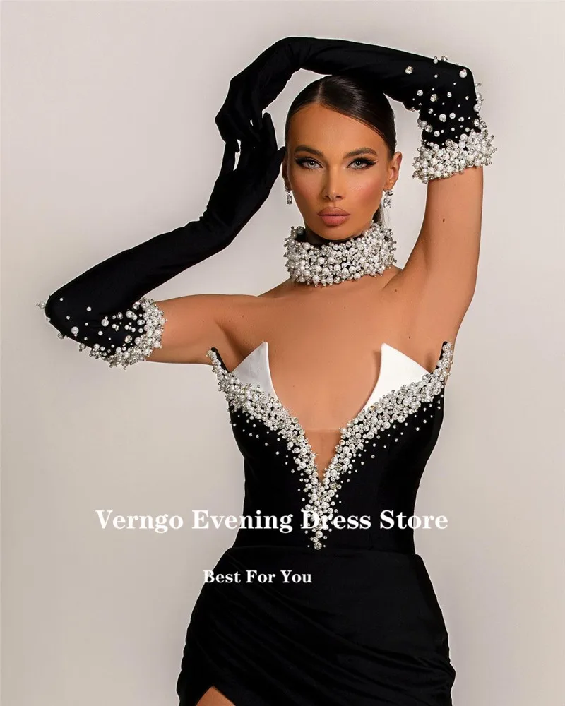 Verngo Sexy Black Mermaid Long Gloves Evening Dresses Sweethear Plearls Split Formal Prom Gowns Party Celebrity Occasion Dress