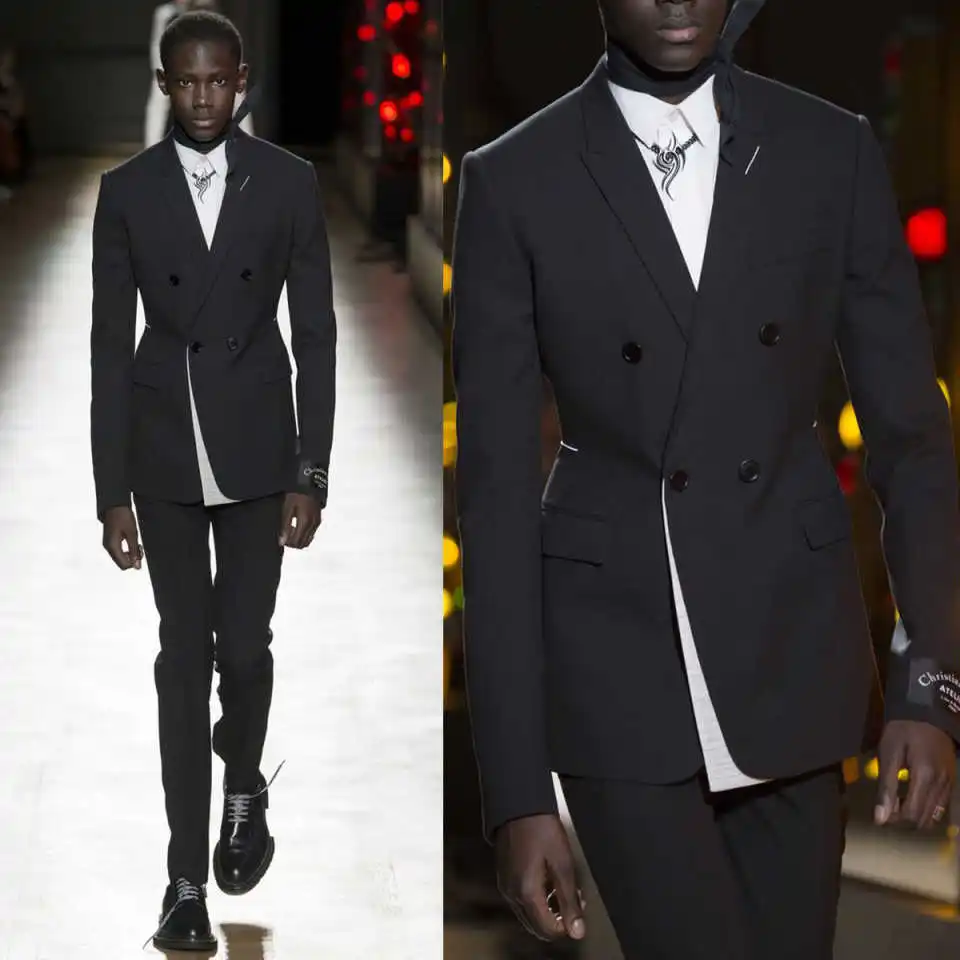 

Design Wedding Tuxedos Black Peaked Lapel Double Breasted Men Suit Handsome 2 Piece Set Jacket Pants Evening Party Customized