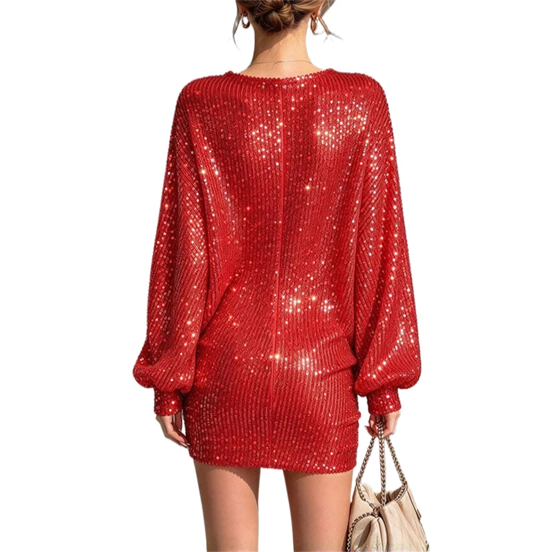 Damen Pailletten-Minikleid mit langen Ärmeln, glitzerndes Diamant-Bodycon-Kurzkleid für Partys, sexy, süß, für Nacht, Festival, Clubwear, glänzendes Kleid – Detail 6