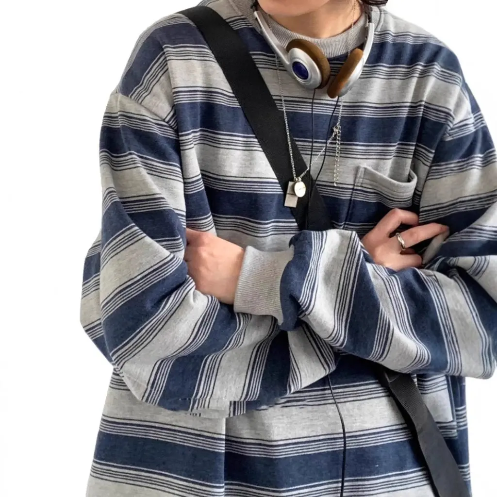 Camisa de manga larga de estilo japonés Retro Sea Soul para niños y niñas primavera otoño pareja cuello redondo Base de moda a rayas