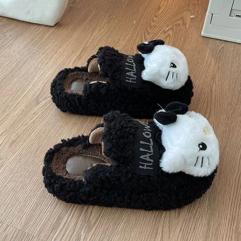 

Fashion Cartoon Hello Kitty Doll Cute Anti slip Fury Shoes for Women Wearing Winter New Style Warm Baotou Cotton Shoes Slippers