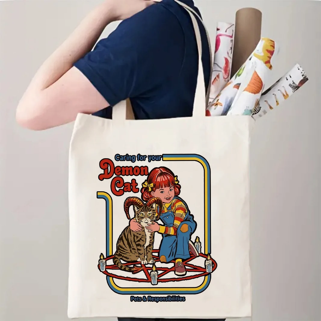 

Demon Cat Canvas Tote Bag Lavender & Rose Print Shoulder Bag for Women Girl Stylish Reusable Student Handbag