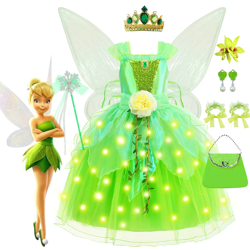 Tinker Bell Princess Dress Girls Green Fairy Cosplay Costume Children's Day Stage Performance Outfits Kid Birthday Surprise Gift