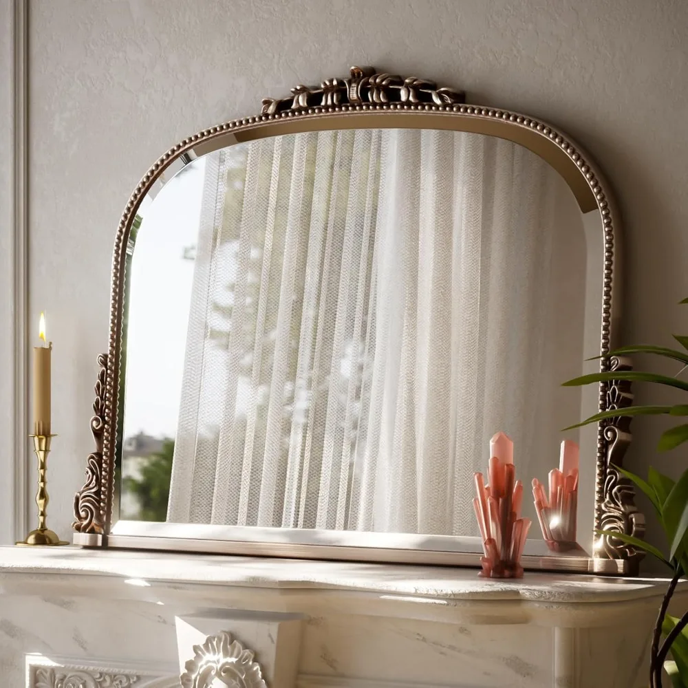 Wall Beaded Mirror 44x32 Inch Round Top Right Angle Tempered Glass Rust Resistant Silver