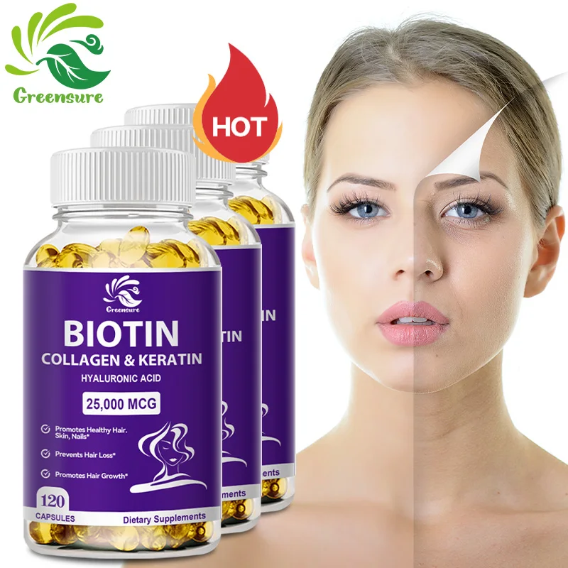 

GREENSURE Biotin & Collagen Supplement - Strength Boost Hair, Skin and Nails Improve Skin Texture Hair Growth Follicle Repair